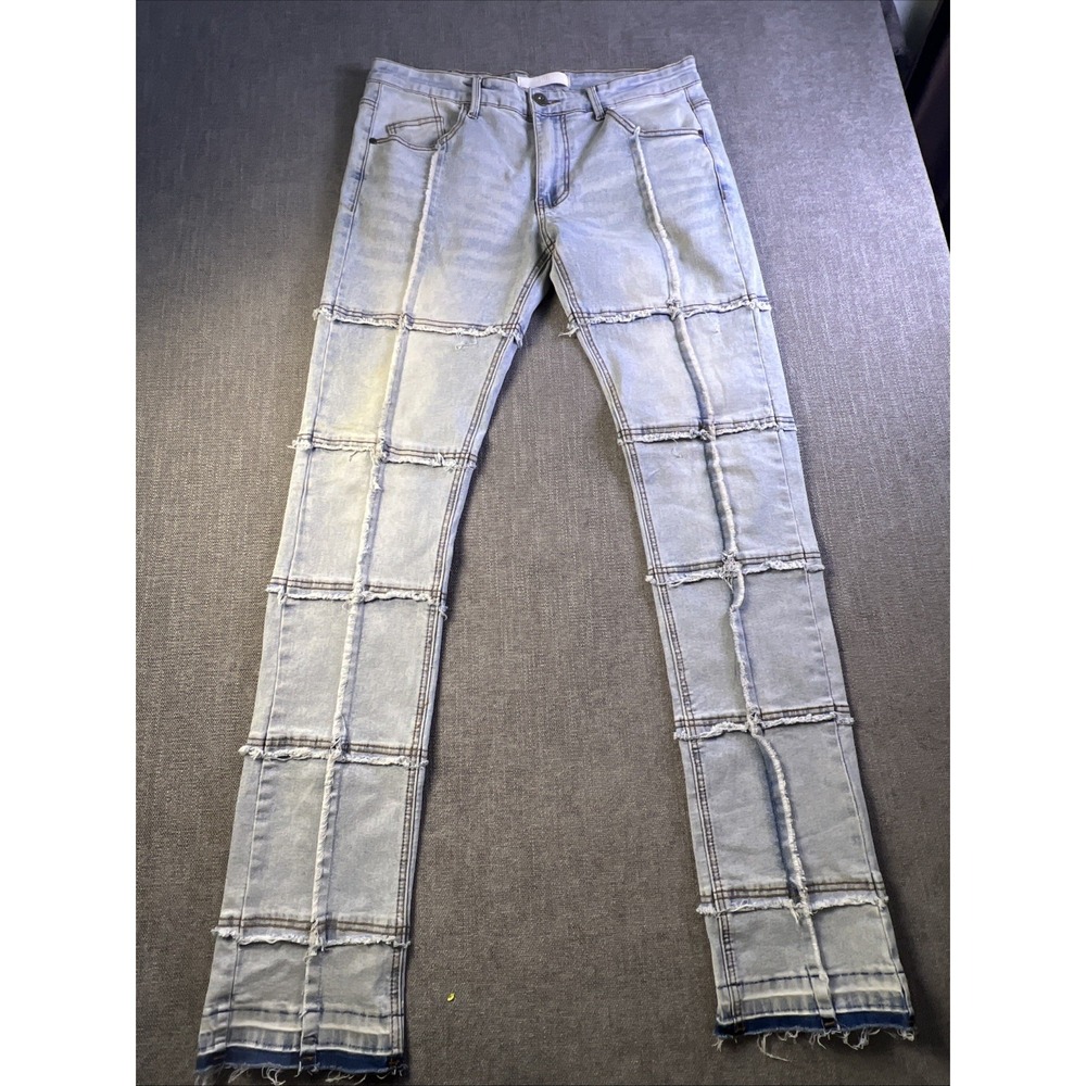 Kdnk Jeans Men's 34 Blue Stacked Reverse Stitch Patchwork Hip Hop Streetwear